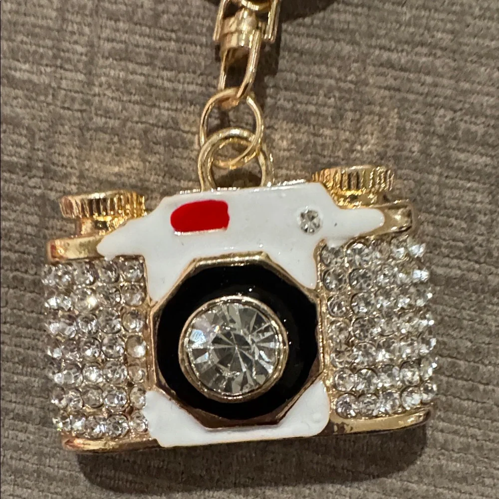 Gold and White Camera Keychain